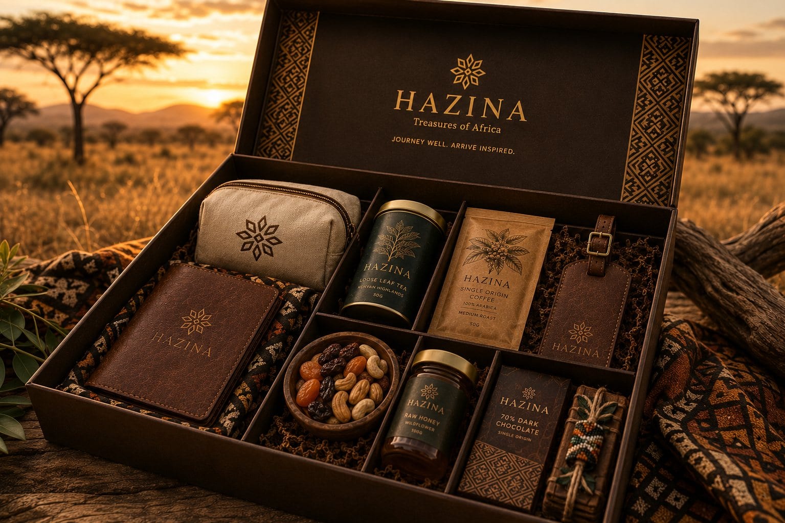 Hazina Departure Drop box with leather, tea, coffee, honey, and travel gifts