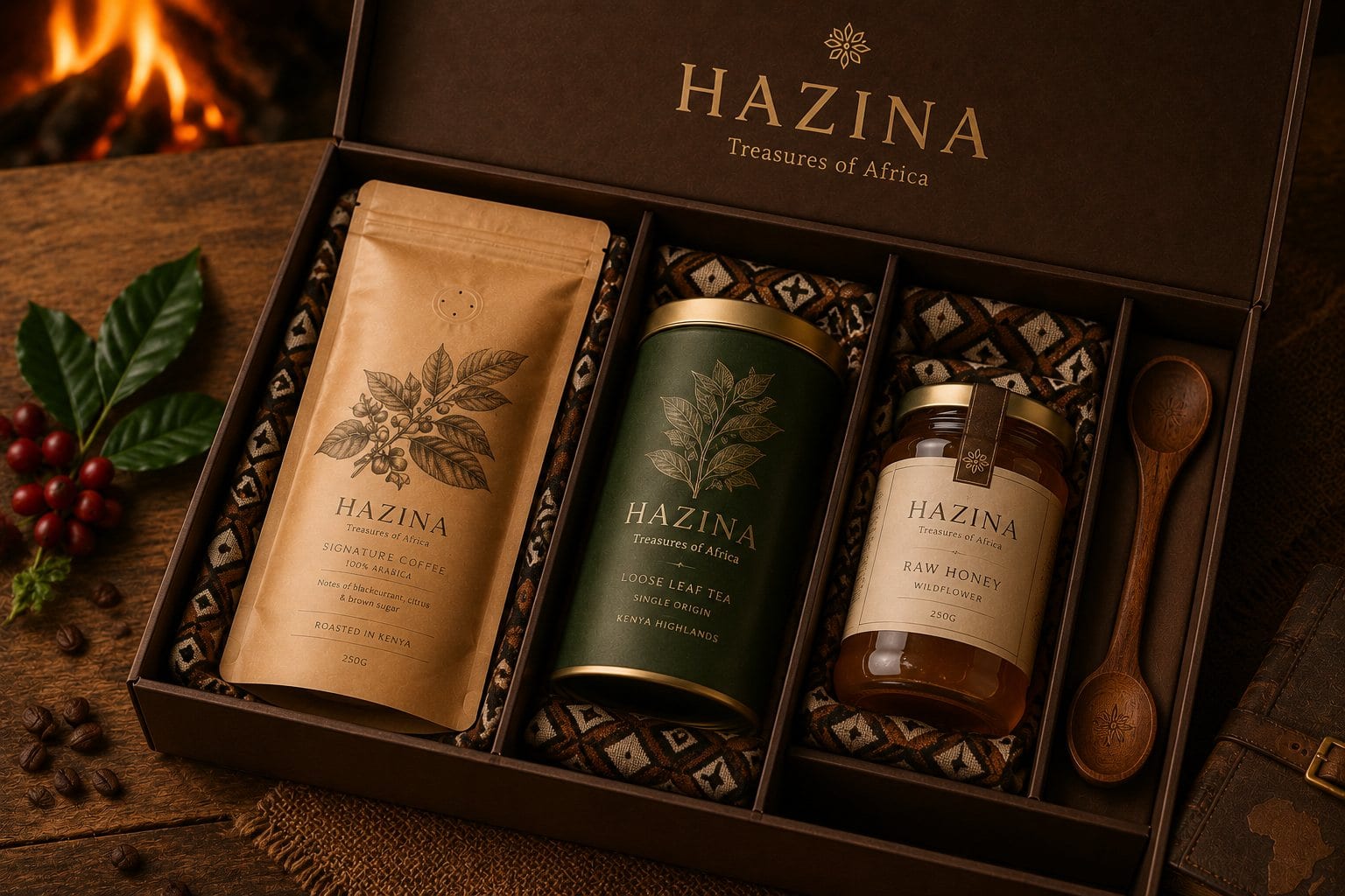 Hazina Highland Treasure gift box with coffee, tea, honey, and carved spoon