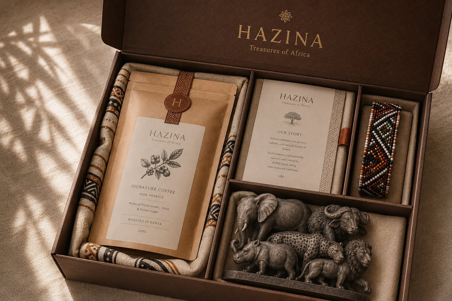 Open Hazina gift box with Kenyan coffee, beadwork, story card, and safari carving
