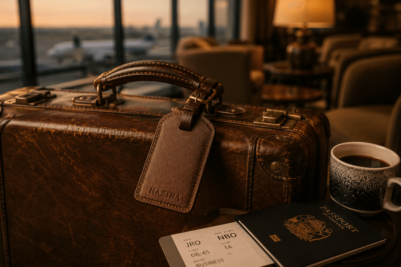 Leather luggage tag on travel bag