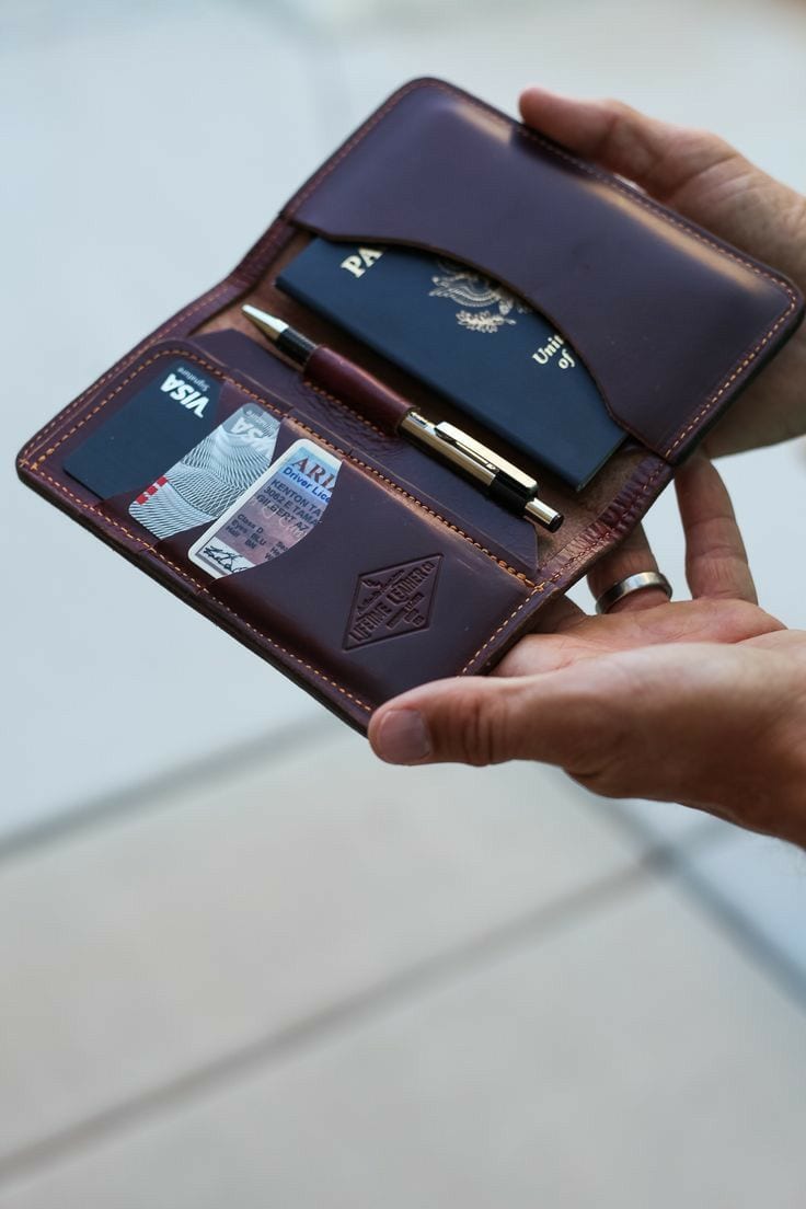 Handmade Kenyan leather passport holder open