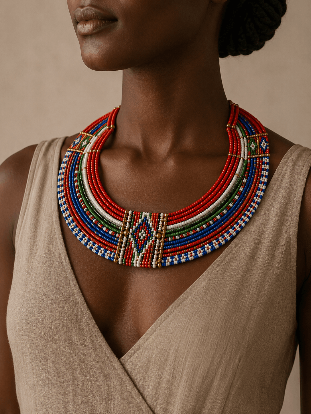 Maasai beaded collar necklace worn in portrait