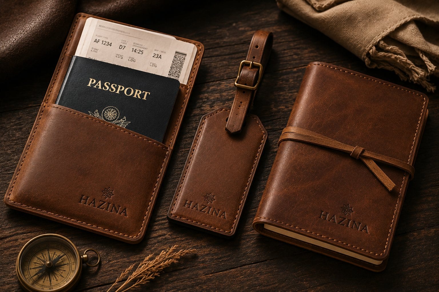 Hazina leather passport holder, luggage tag, and travel journal on a timber table