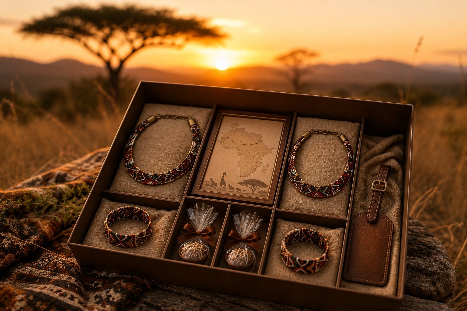 Safari Romance gift box with beadwork, leather tag, and keepsakes at sunset