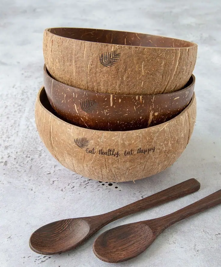 Coconut shell plates with wooden spoons