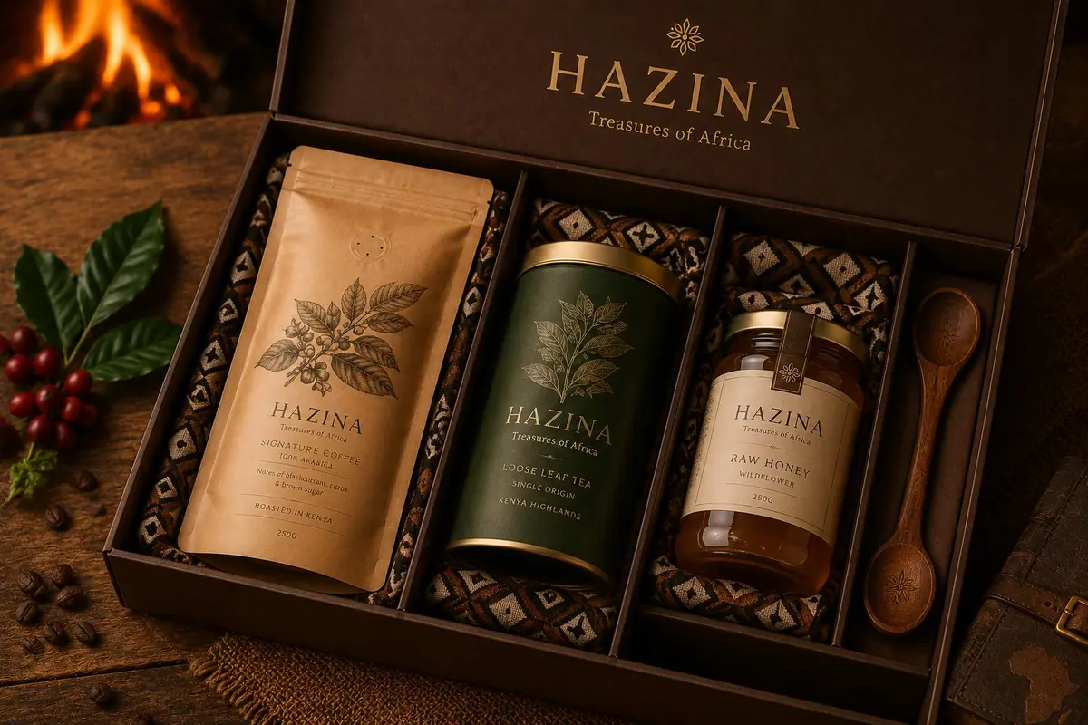 Hazina Highland Treasure gift box with coffee, tea, honey, and carved spoon