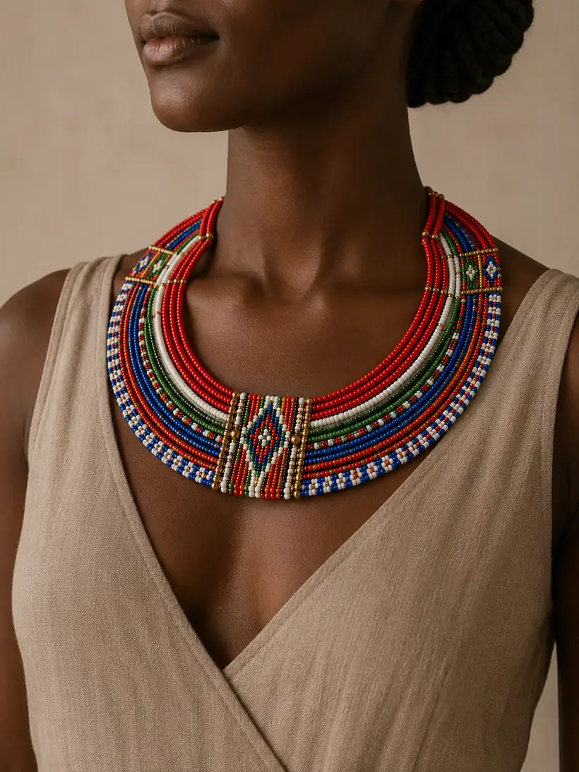 Maasai beaded collar necklace worn in portrait